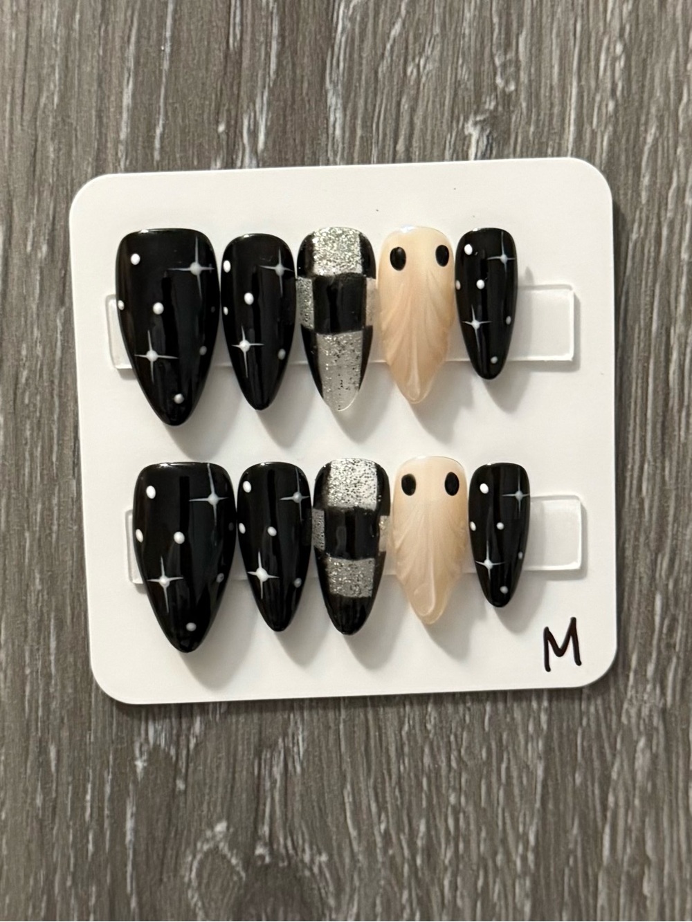 Black & Ghost Accent Press-On Nail Set with Silver Glitter Halloween